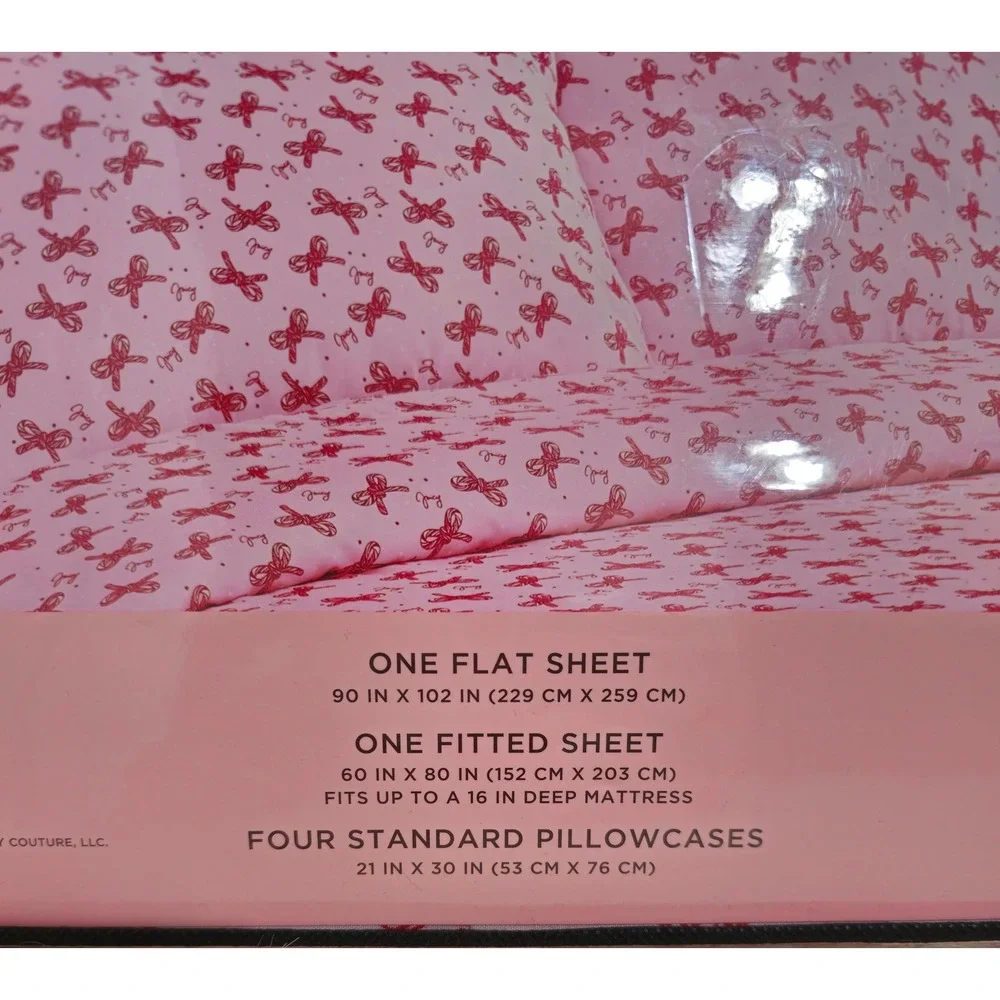Juicy Couture Christmas Queen Sheet Set Pink Candy Cane Bow Bedding NWT